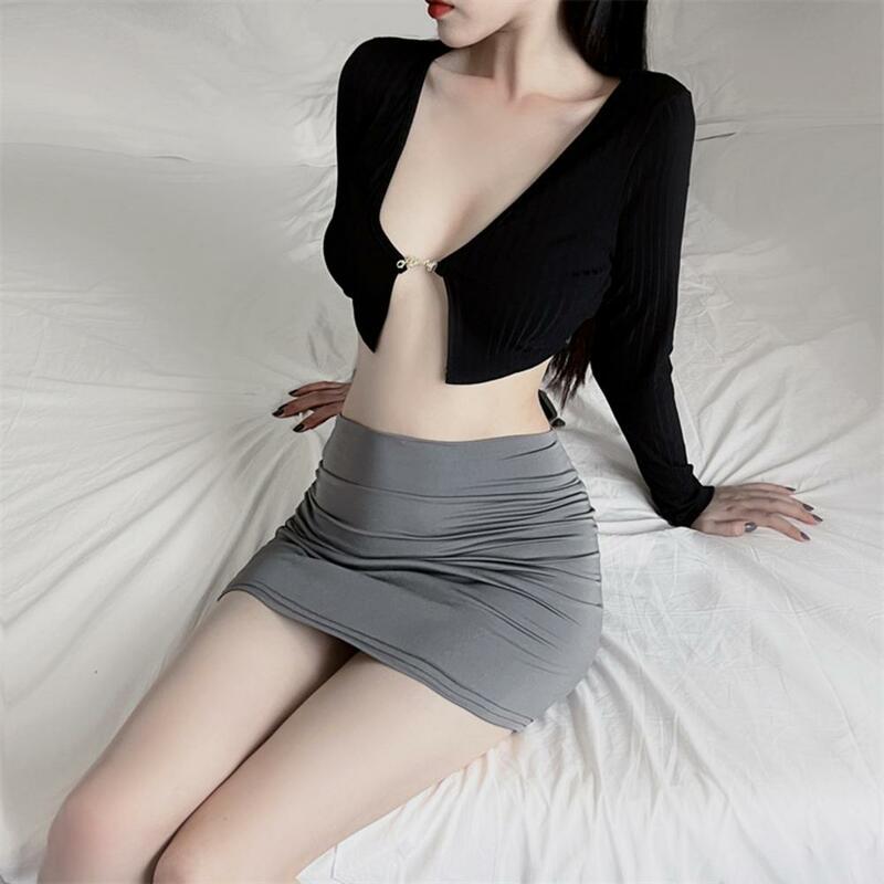 Rok Mini kurus tipis seksi tanpa lapisan warna Solid rok pendek pengangkat pinggul tembus pandang rendah pakaian Klub Wanita