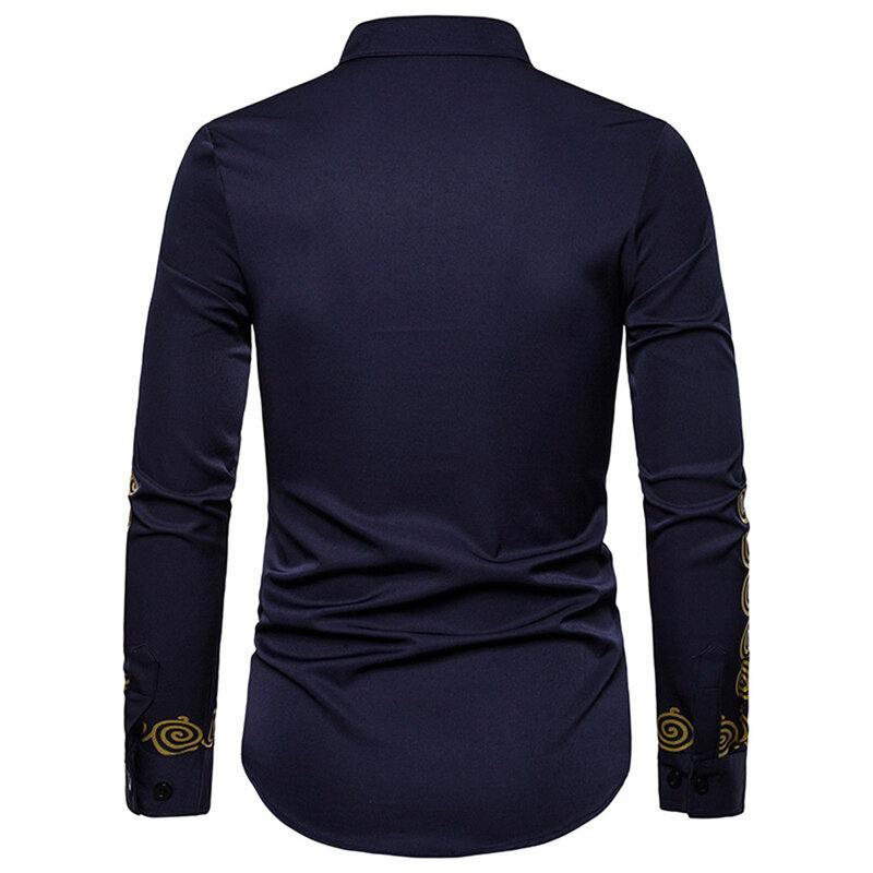 Camisa masculina de botão de manga comprida, totem estampado, estilo africano, slim fit, metálica, lazer, elegante, nova