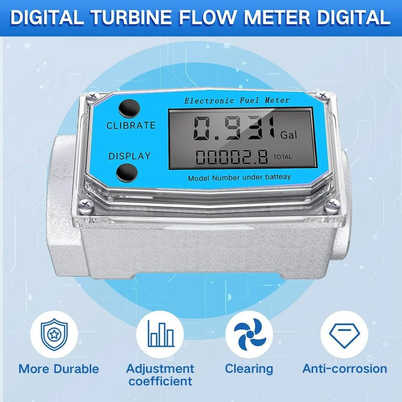 Digital Turbine Water Flow Meter Digital LCD Display with NPT Counter and FNPT Thread Gas Oil Fuel Flowmeter (1 Inch)