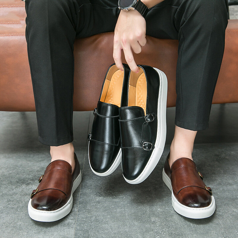 Sepatu kulit kasual pria, Kasut pantofel gaya Inggris Retro, Slip on luar ruangan datar Double Bisnis Harian