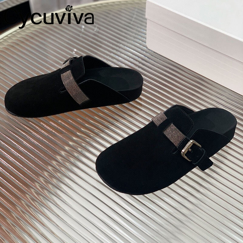 Platform merek desainer sandal datar setengah musim panas sandal Kidsuede kulit liburan sepatu pantai wanita 2023 Sandalias Mujer