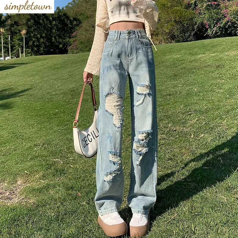 Celana Jeans wanita berlubang pinggang tinggi, celana panjang kaki lebar serbaguna desain modis baru edisi Korea Musim Semi dan Gugur