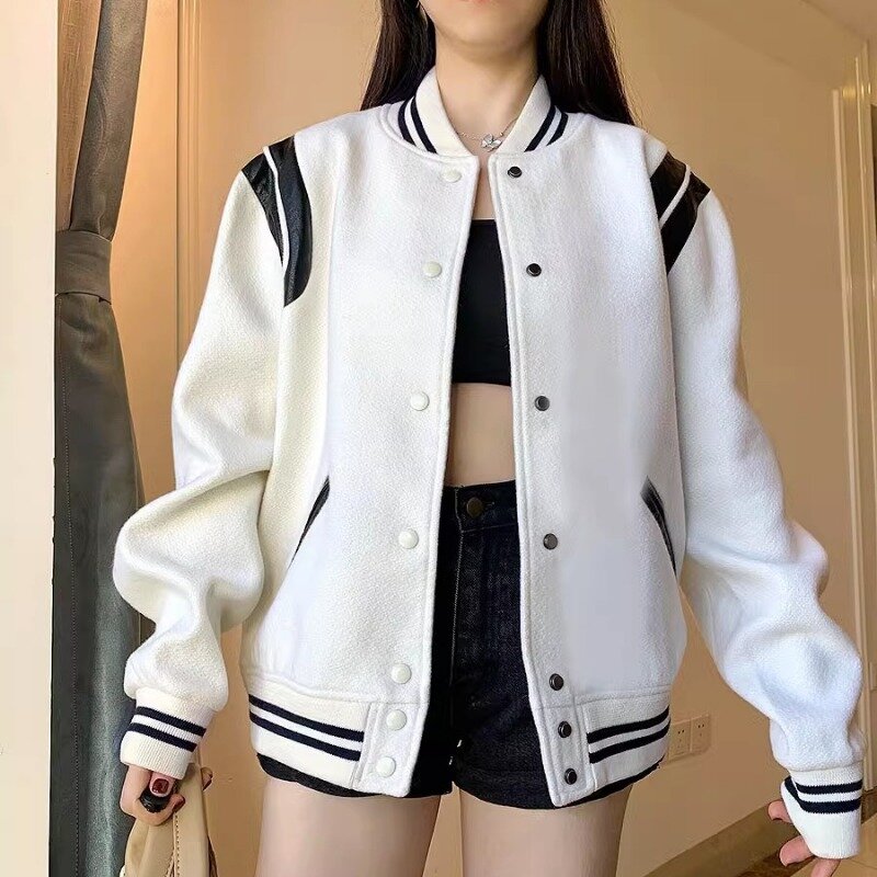 HOUZHOU Korean Style White Bomber Jacket Women Streetwear Vintage Tweed Baseball Jackets College Autumn Winter Fashion Aesthetic