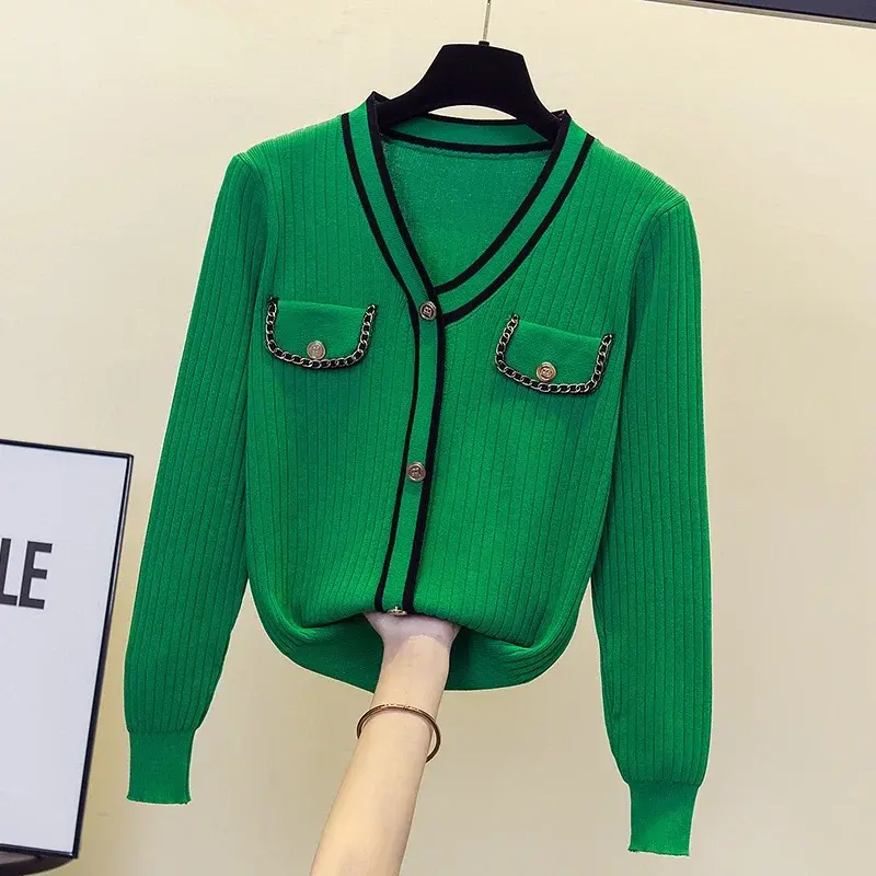 Suéter grueso básico de gran tamaño para mujer, Jersey de manga larga con cuello en V, botones a rayas, Top V1657, otoño e invierno, 2023