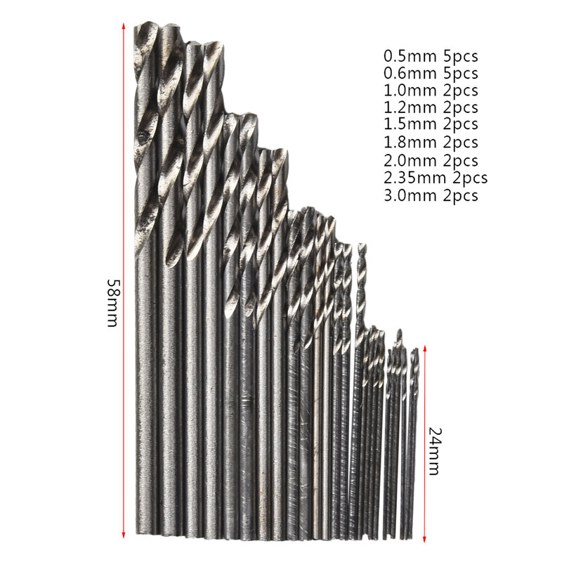 25pcs 58mm di lunghezza HSS Mini Set di punte per trapano a codolo dritto 0.5-3.0mm punte di perforazione per trapano elettrico per foratura del legno in acciaio inossidabile