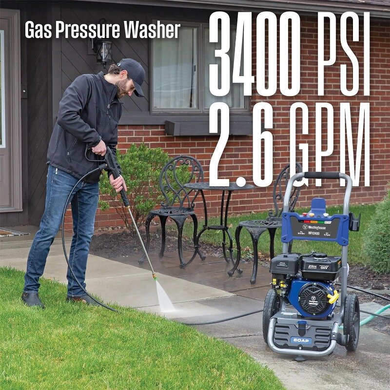 Westinghouse WPX3400 Gas Pressure Washer, 3400 PSI and 2.6 Max GPM, Onboard Soap Tank, Spray Gun and Wand, 5 Nozzle Set