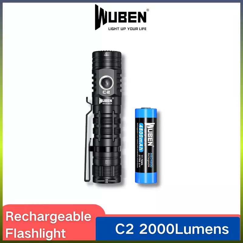 WUBEN-Lanterna Recarregável com Banco de Potência, Lanterna LED Troch, 2000Lumens Beam Throw, 358 Metros, 21700 Bateria, C2