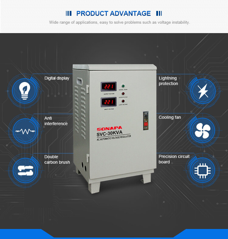 超電力電動スタビライザー電圧スタビライザー30kvaシングルフェーズ自動電圧調整器。