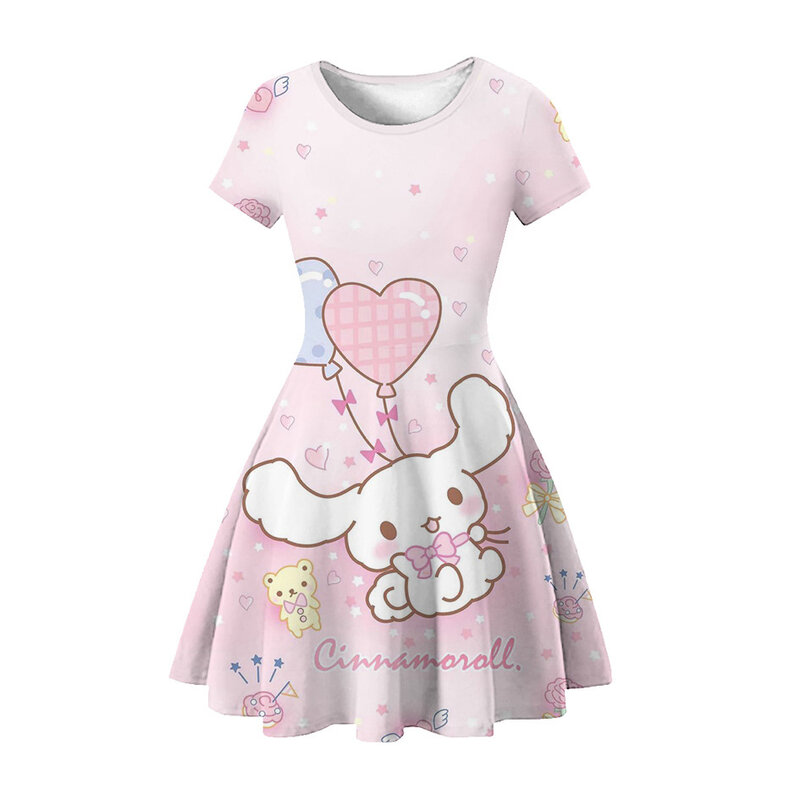 MINISO Summer New Girls Hello Kitty Dress Cartoon Cute Kuromi 3d Print abiti da donna ragazze manica corta Princess Dress abbigliamento