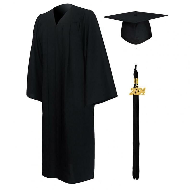 1 Set uniseks wisuda topi jubah Set Depan ritsleting longgar rumbai 2024 tahun Tag kuliah sarjana dokter Master upacara kelulusan