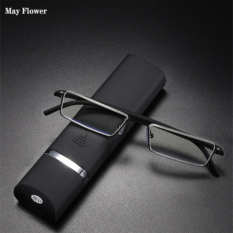 Пресбиопические очки May Flower TR90, мужские очки для чтения с синим светом, мужские металлические квадратные очки для зрения с линзами + 1,75 + 2,25 + 2,75