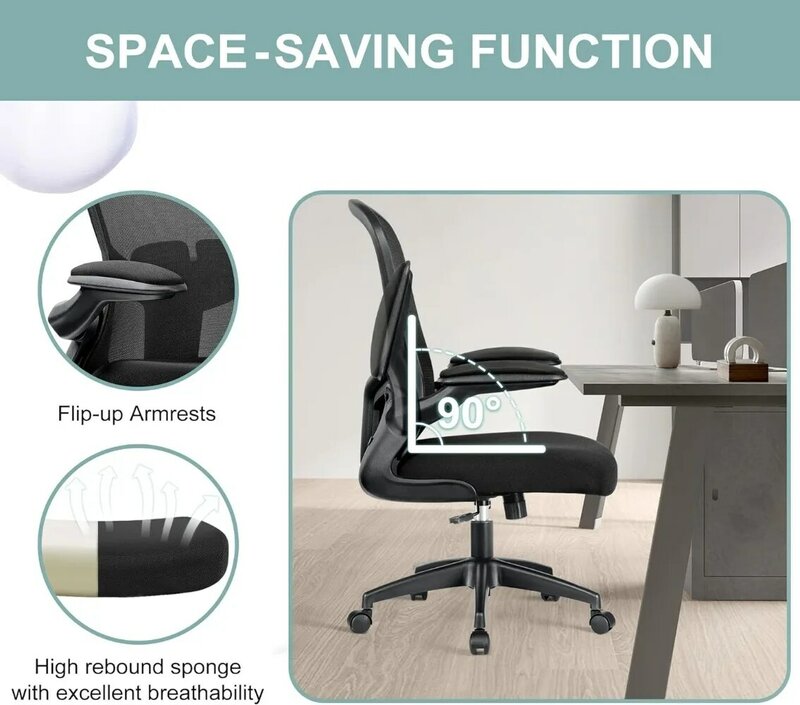 Sedia da ufficio, sedia da scrivania ergonomica con supporto lombare e bracciolo ribaltabile, ufficio per Computer girevole in rete regolabile in altezza