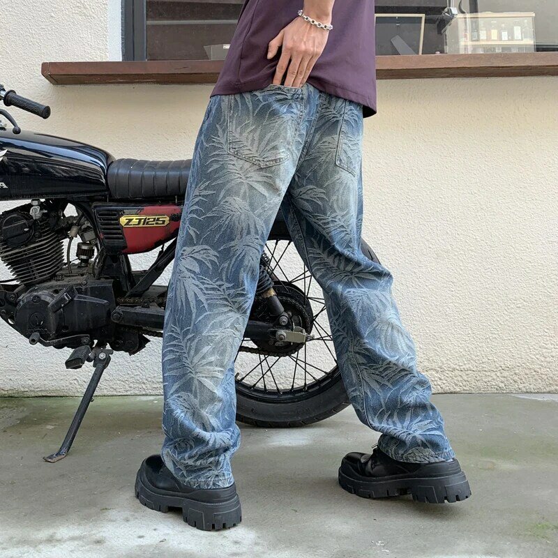 Pantalones vaqueros holgados estampados para hombre, jeans de pierna ancha recta de alta gama, estilo coreano, hip-hop, moda de ocio