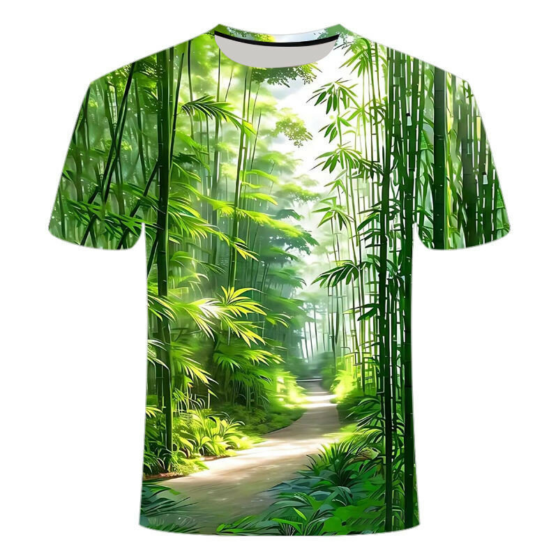 Kaus cetakan pria, atasan nyaman ukuran besar lengan pendek leher bulat kasual pola bambu segar musim panas modis
