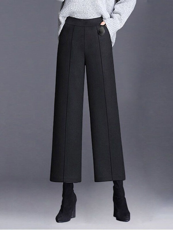 Элегантные брюки из смесовой шерсти с широкими штанинами, женские офисные брюки с высокой талией, женские брюки до щиколотки больших размеров 4xl на осень и зиму