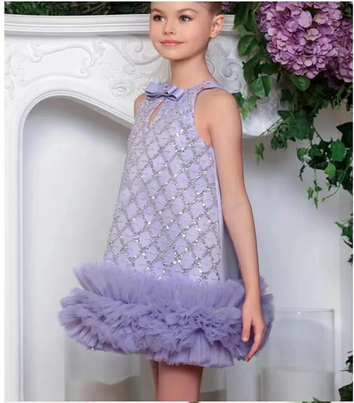 Luxo brilhante princesa flor menina vestido, Scoop Neck, Puff Girls Party Dresses, casamento tule, crianças, Natal, dama de honra