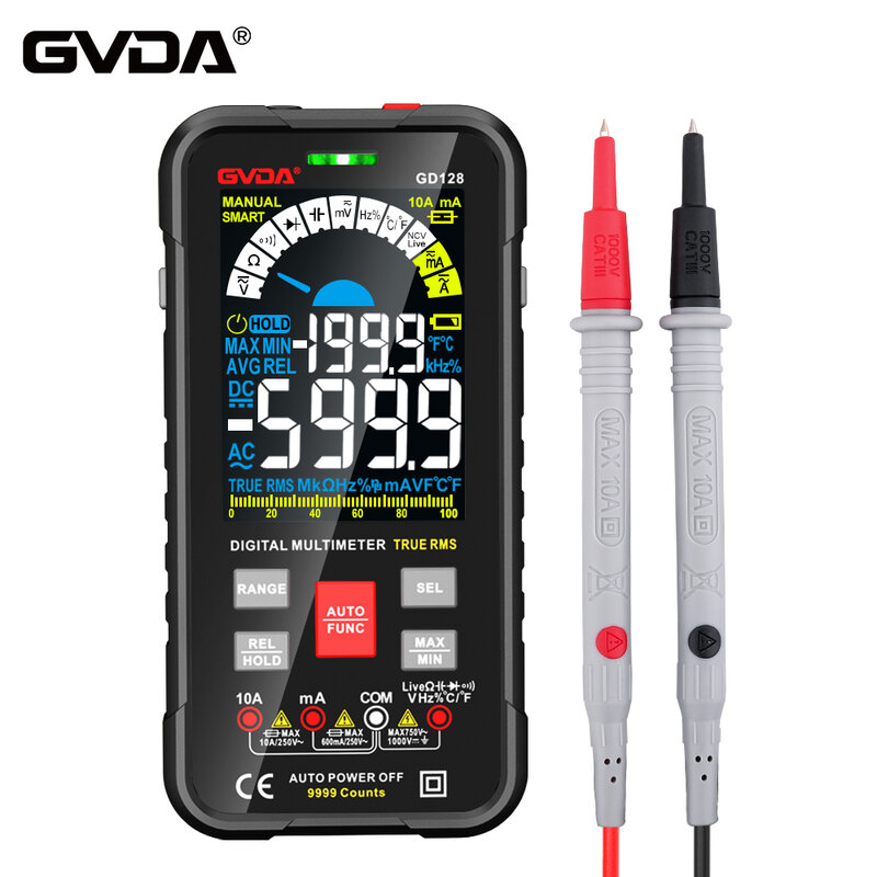 GVDA-multímetro Digital de 9999 recuentos, voltímetro DMM, valores eficaces auténticos, CA, CC, NCV, medidor de voltaje, amperímetro inteligente, probador de capacitancia de rango automático
