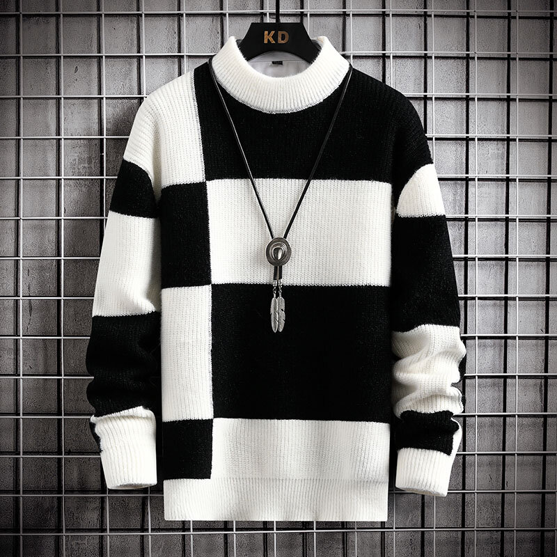 Camisola de malha masculina com retalhos coloridos, suéter xadrez masculino, gola redonda, roupas de marca casual, quente, outono, inverno, 4XL, M