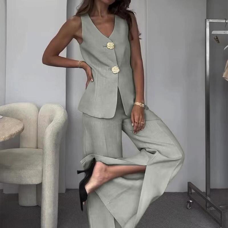 Trendy Office Attire for Women Chic Women's V-neck Sleeveless Top Wide Leg Pants Two-piece Set for Work Play Breathable