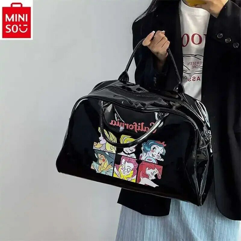 MINISO tas bagasi motif kartun putri, tas perjalanan penyimpanan kebugaran kapasitas besar kualitas tinggi Retro untuk wanita