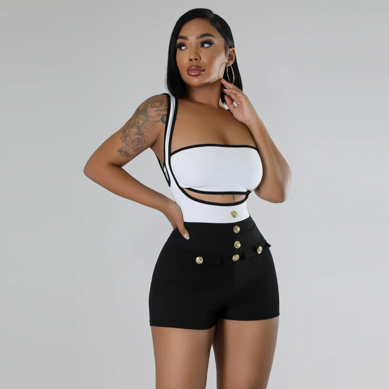 2024 Summer Contrast Colors Slim Spicy Girls 2 Piece Set Women Sexy Strapless Crop Top Fashion Bodycon Rompers Casual Streetwear