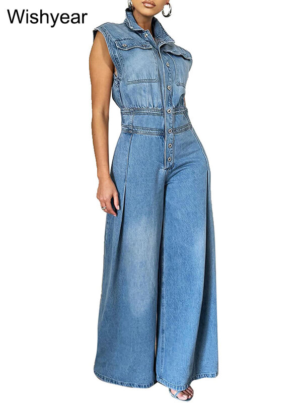Macacão jeans vintage solto feminino, calças largas, macacão sem mangas, peito único, jean largo, bolso, macacão de rua, 1 pc