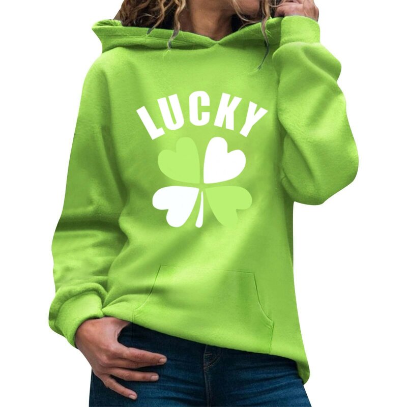 Women'S Fashion Daily Versatile Casual Hooded Sports Shirt St. Patrick'S Day Printed Long Sleeved Patchwork Top Sports Shirt