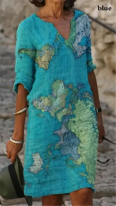 2022 moda feminina solta casual floral impressão v pescoço manga mapa impressão vestido de verão