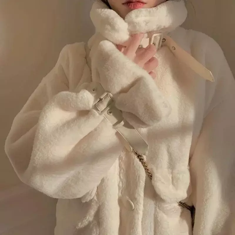 여성용 모조 모피 재킷, 따뜻한 오버코트, 한국 단색 스위트 싱글 브레스트 포켓 코트, 핑크 화이트 파카, 가을 겨울 패션
