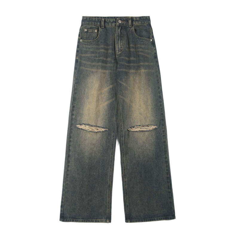 2024 Spring summer American made old blue ripped cut jeans men's straight leg slacks
