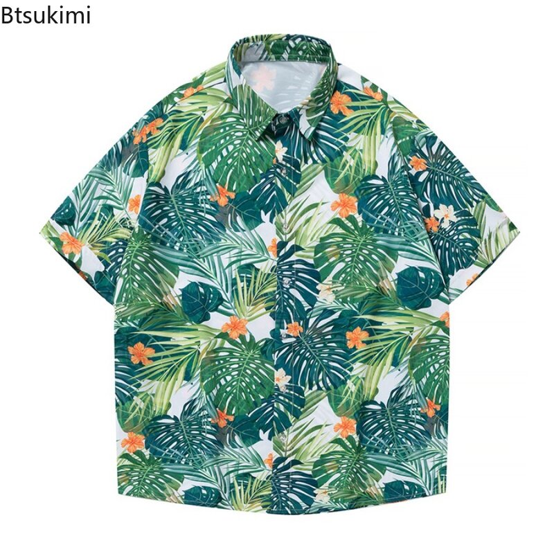 Blus gaya Hawaii pria, atasan bercetak kasual longgar pantai untuk lelaki, liburan Camisa