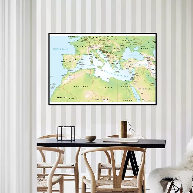 O Mapa do Mar Mediterrâneo, Pintura Topográfica Non-Woven, Wall Art Poster, Material Escolar, Decoração de Aula, 225x150cm