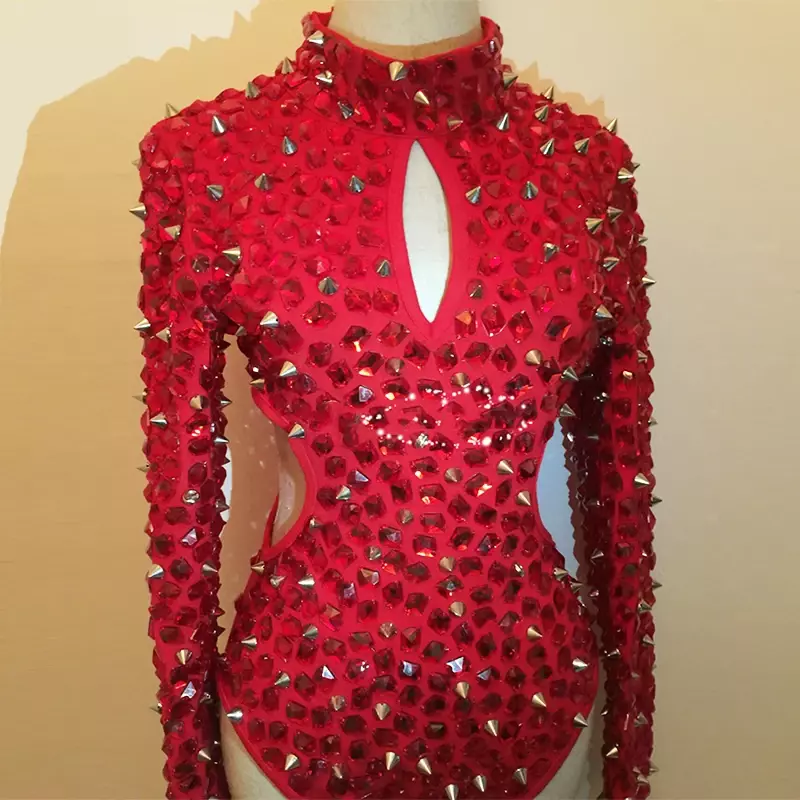 Red Rhinestones Bodysuit Sexy Hollow Out Rivet Jumpsuit Singer Stage Costume Gogo Dance Clothing Dj Ds Rave Outfit