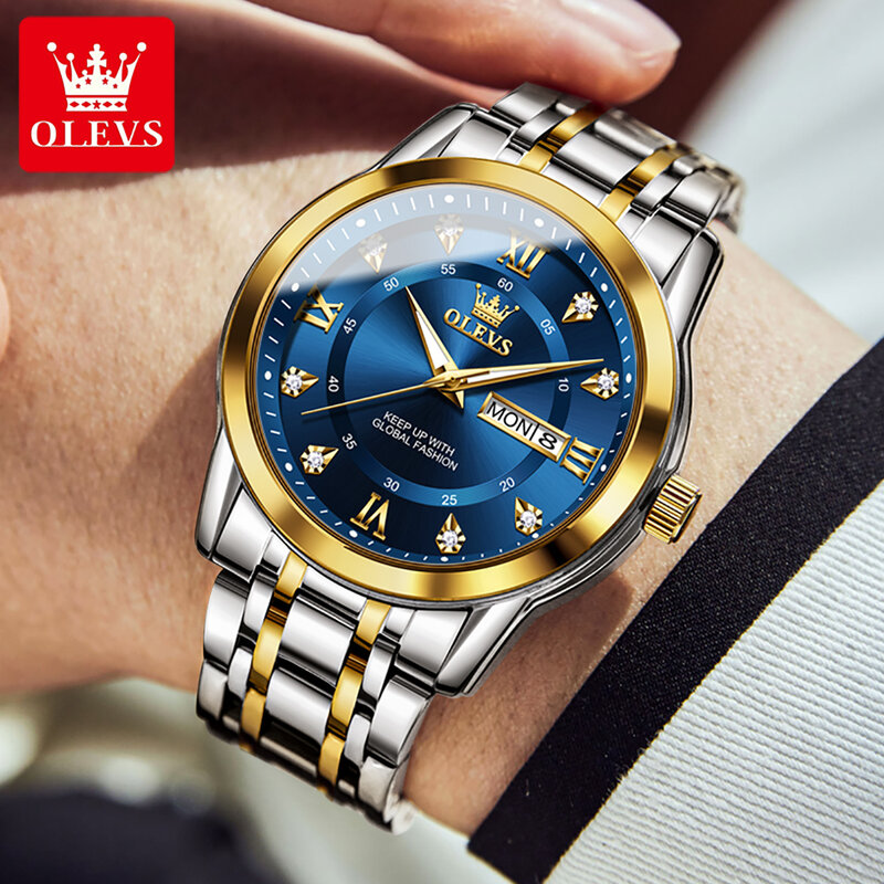 OLEVS-Montre à quartz en acier inoxydable pour homme, montre-bracelet Shoous, affichage de la semaine de la date, montres à la mode, or, original