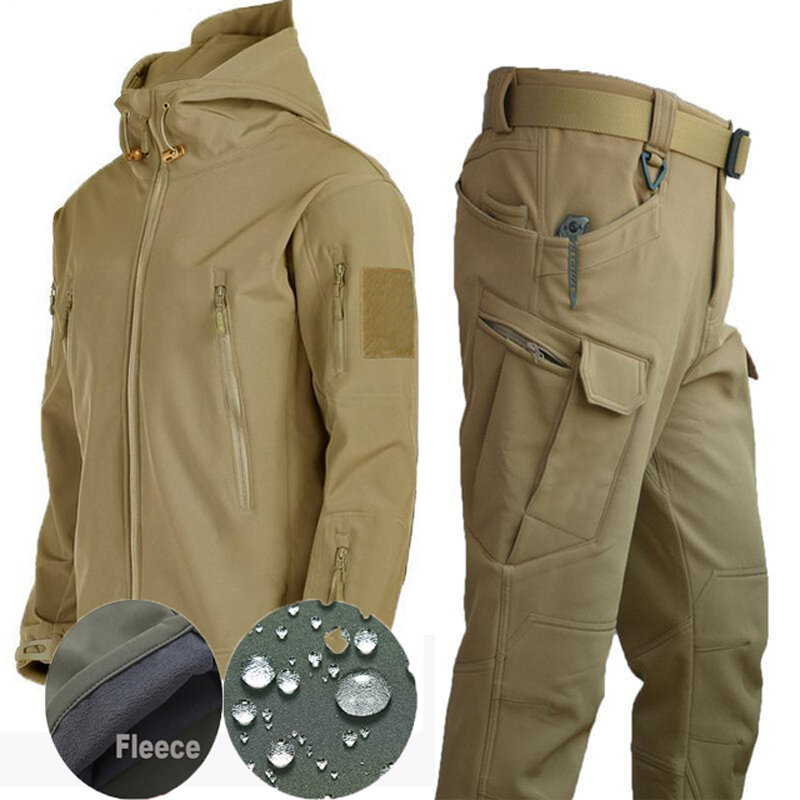 Men's Elastic Waterproof Fleece Tracksuits, Jaquetas táticas, Hood Coat, Ternos quentes, Caminhadas, Camping, Pesca, Inverno, Outono, S-5XL