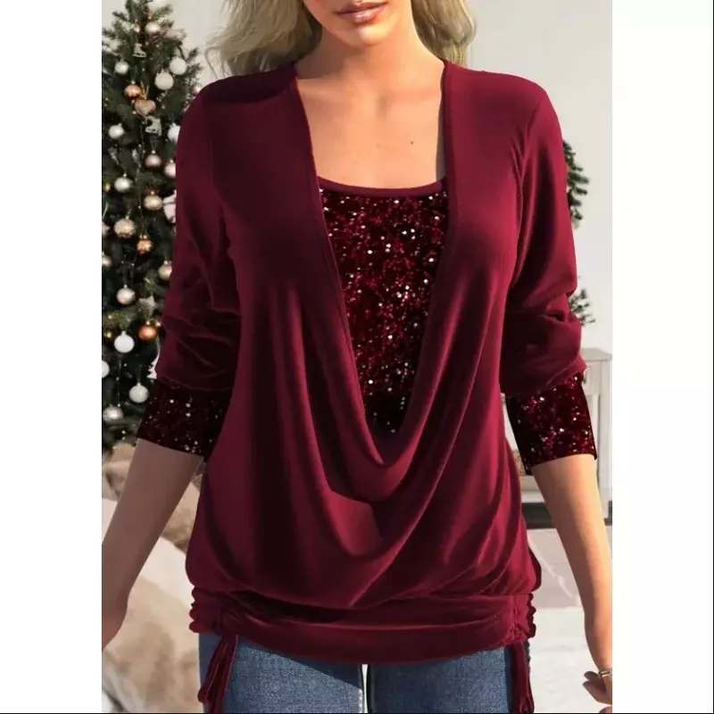 Sequin Blouse Women Top Luxurious Solid Color Square Neck Long Sleeve Tops Lady Elegant Spring Autumn Party Clothing