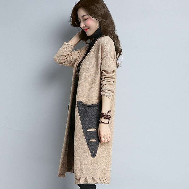 Camisola de malha longa de cardigan feminino, casaco grande, comprimento médio, versão coreana, outono, inverno, novo