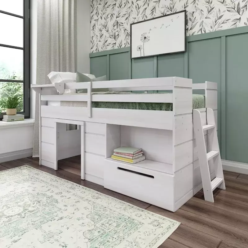 Max & Lily-cama de Loft baja de madera maciza con cajón de almacenamiento y escalera, cama de Loft de granja moderna para niños, W, tamaño doble
