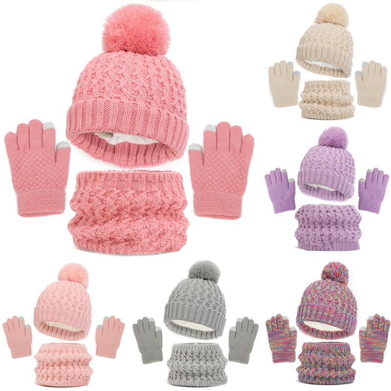 Children's Winter Hat Scarf and Gloves Luxury Set Knitted Wool Kids Warm Suit Beanie Caps For Boys Girls Hat Neck Scarf Baby Cap