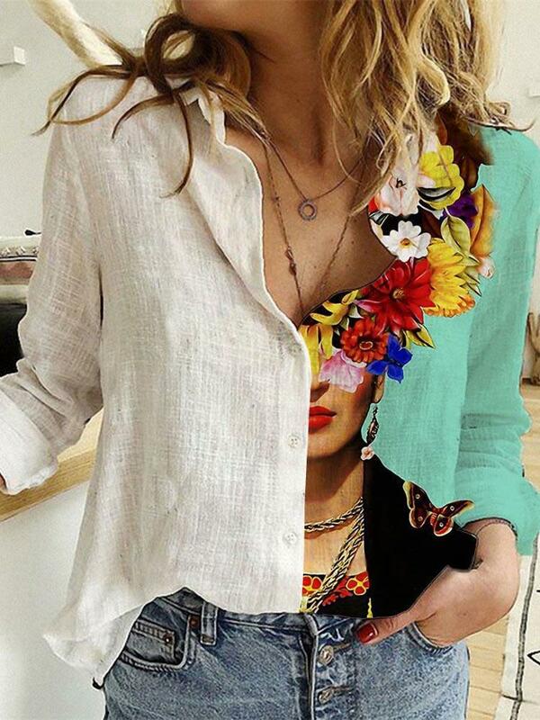 Женская винтажная блузка на пуговицах, свободная повседневная офисная блузка с мультяшным принтом в стиле пэчворк, весна-лето