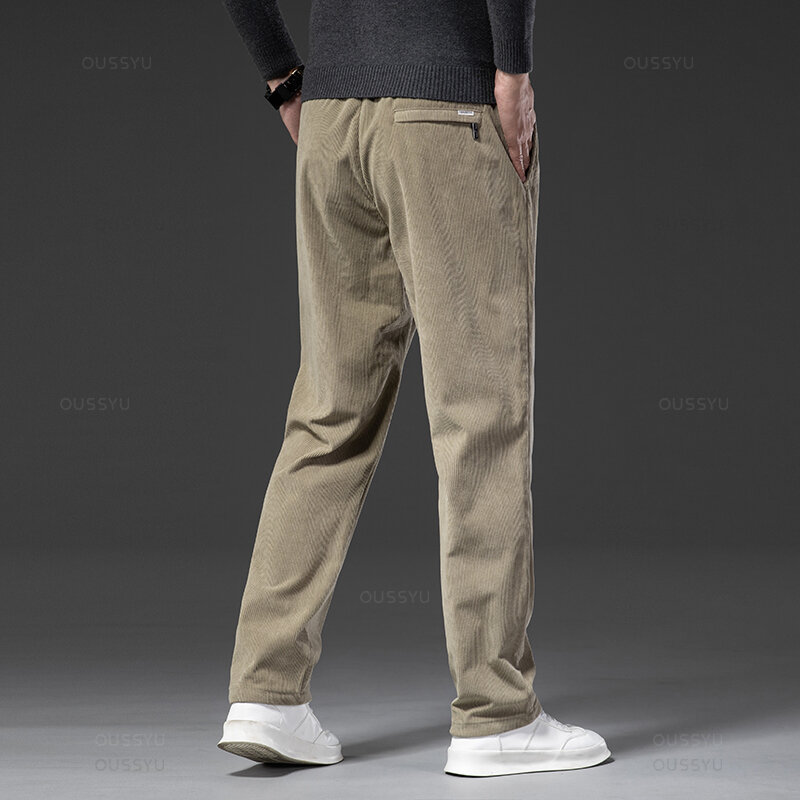 กางเกงผ้าลูกฟูกสี่ฤดูสำหรับผู้ชายกางเกงลำลองสไตล์เกาหลีทรงหลวมผูกเชือกเอวยางยืดมี M-5XL ไซส์ใหญ่พิเศษ