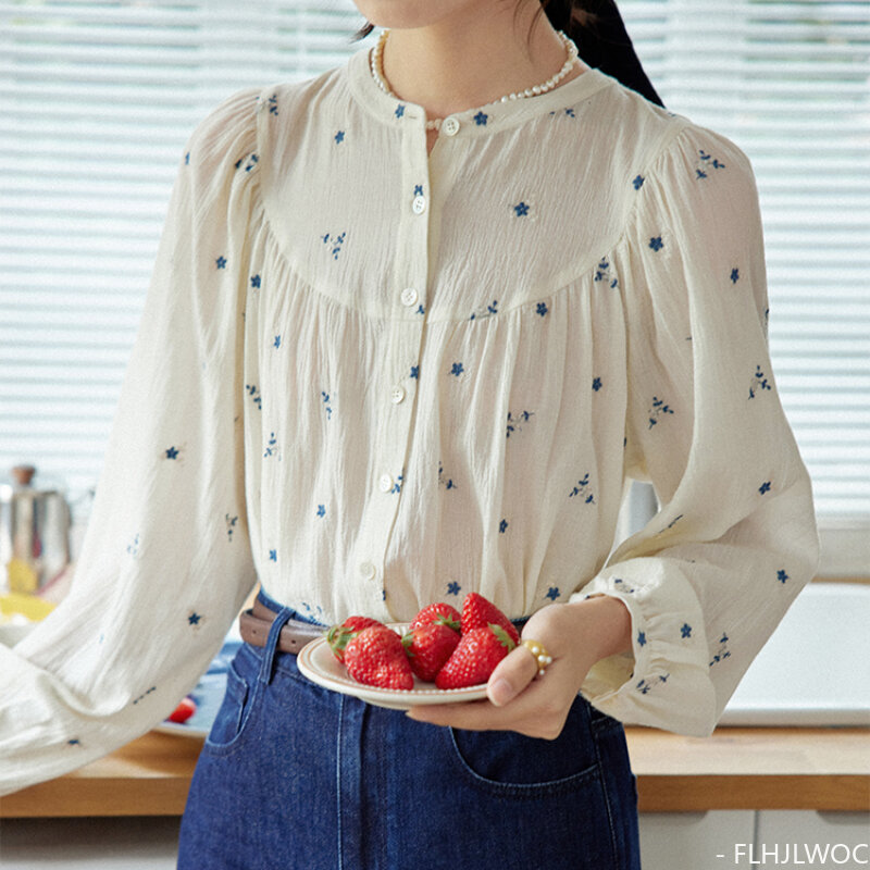 Atasan katun Linen blus Chic bordir lucu Panas 2024 wanita musim panas Korea gaya Jepang desain Retro antik kancing kemeja blus
