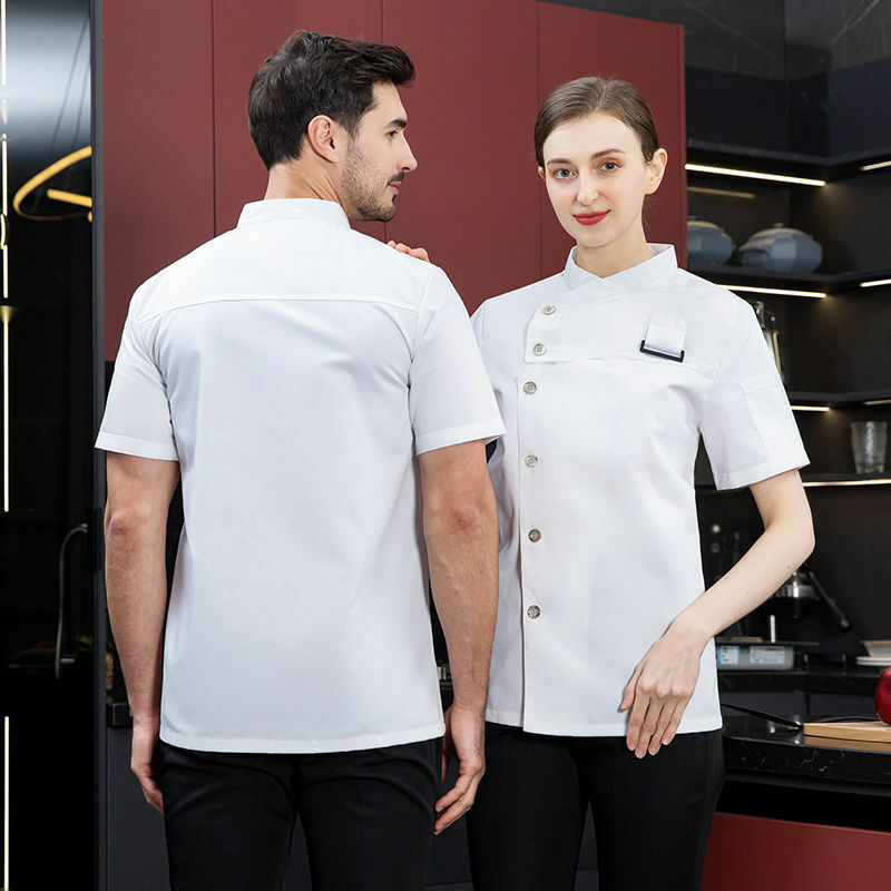 ผู้ชายสีเทา Chef Coat โลโก้แขนสั้นเชฟผ้ากันเปื้อนสำหรับฤดูร้อนหัว Chef Uniform ร้านอาหารโรงแรมห้องครัวทำอาหารเสื้อผ้า