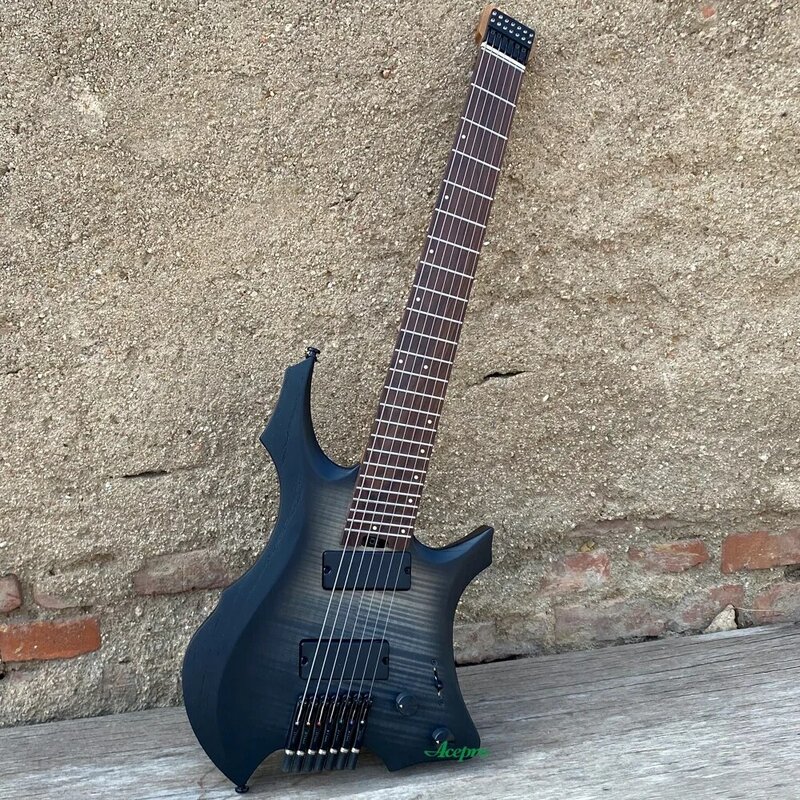 7 String Headless Electric Guitar, Fanned Frets, Active Pickups, 9 Piece Roast Maple Neck, Ash Body Flame Maple Top