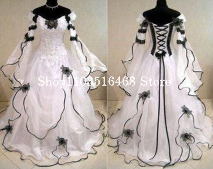 Historical Medieval Evening Strapless Corset Black White Fairy Long Sleeve Appliqued Lace Corset Customised A-line Dresses