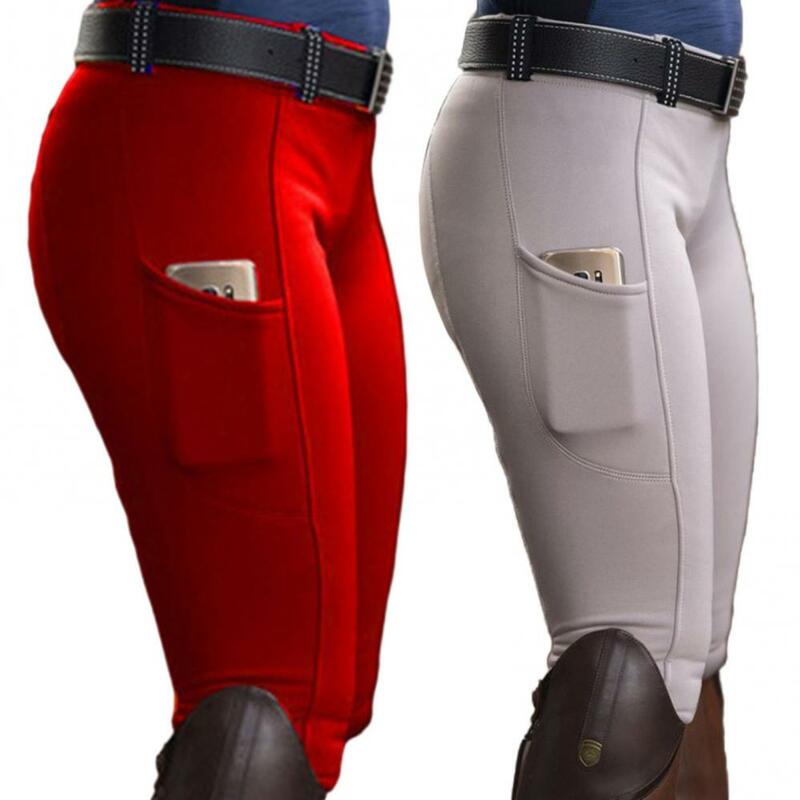 Pants Solid Color Elastic Women Trousers Pocket Hip Lift Equestrian Horse Racing Trousers