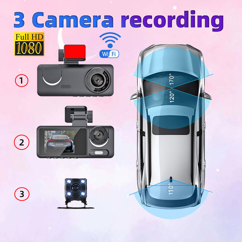 3 Canali WiFi APP Dash Cam 32G 64G Auto DVR Macchina Fotografica Veicolo DVR Guida Videoregistratore Per Veicolo Scatola Nera Monitor di Parcheggio