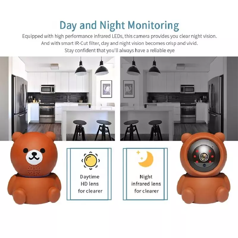 Cámara IP de seguridad para el hogar, minicámara de vigilancia CCTV con seguimiento automático, Monitor de bebé para interiores, 2MP, WiFi, oso de dibujos animados