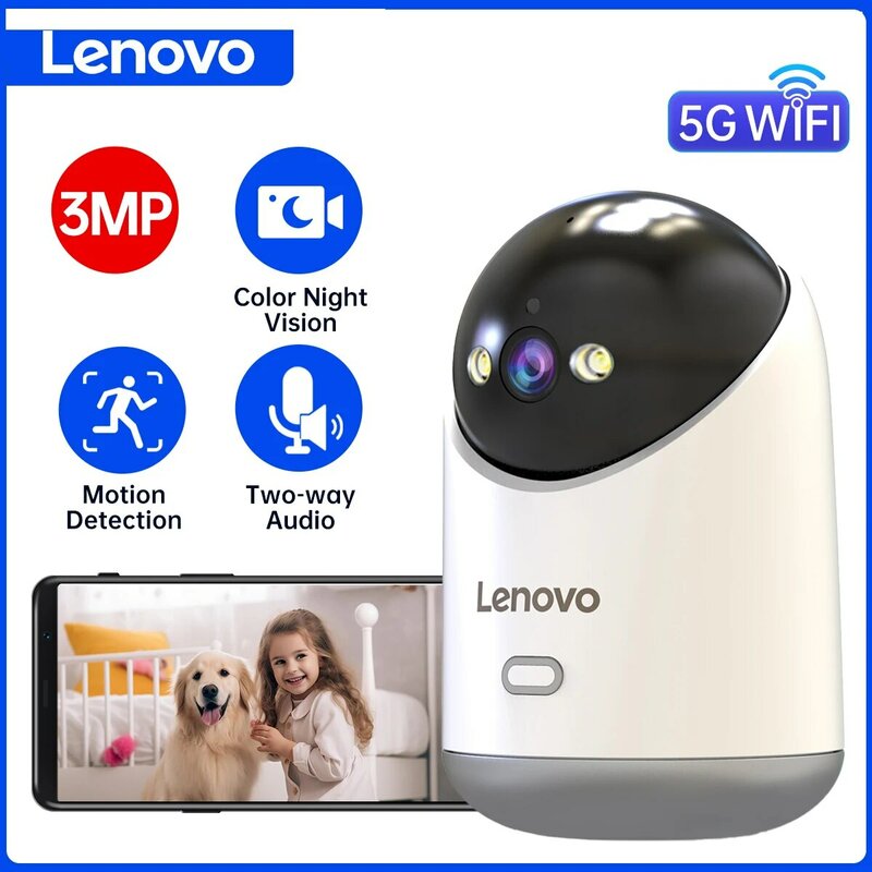 Lenovo-cámara de vigilancia inalámbrica, Monitor de bebé de seguridad con seguimiento automático, 3MP, 5G, WiFi, PTZ, IP, Audio nocturno a Color para el hogar inteligente