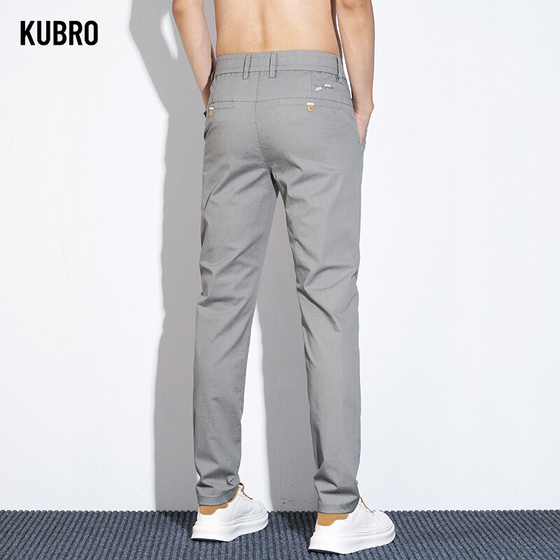 Kubro กางเกงลำลองขาตรงผ้าบางสำหรับผู้ชาย, กางเกงใส่ทำงานขายาวพอดีตัวทำจากผ้าไหมน้ำแข็งสำหรับ MODE Korea ฤดูร้อน
